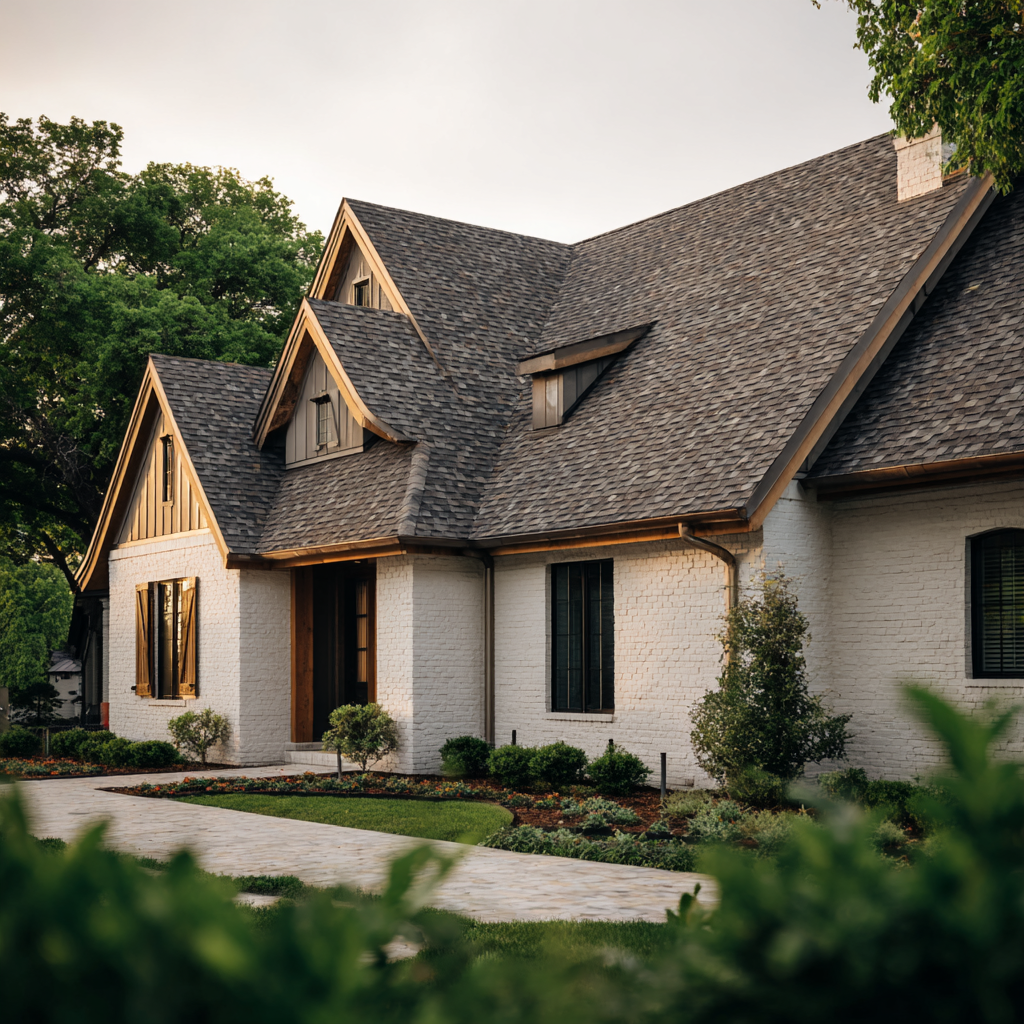 Front view of a white brick house with a shingled roof, dormer windows, a cobblestone pathway, and landscaped green lawn with bushes