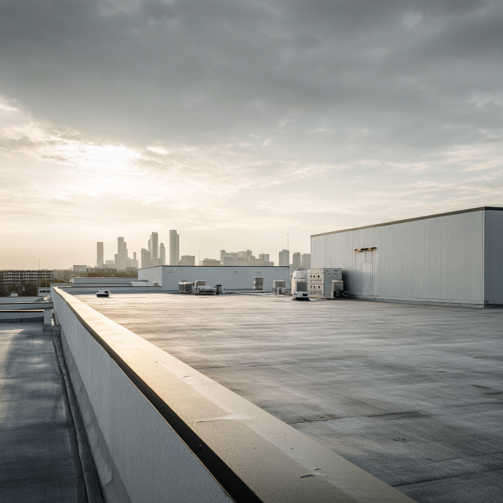 Empty rooftop with HVAC units and a city skyline in the background during cloudy sunset.