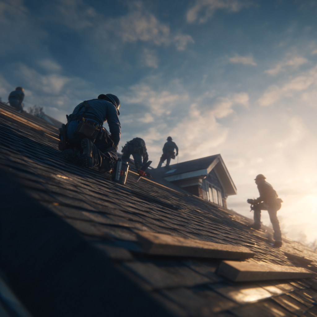 Roofers working on a rooftop during sunset, installing or inspecting shingles.