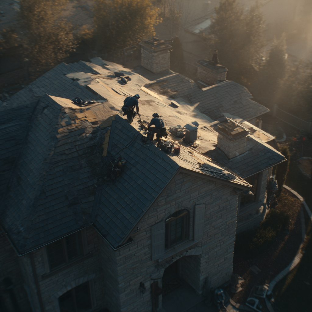 Two workers on a residential roof, repairing or replacing shingles, with tools and materials nearby.