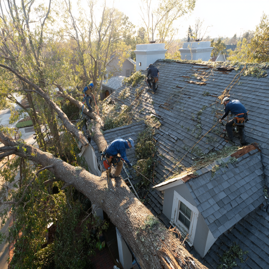 Tree trimming crew cutting a large tree that has fallen on a house roof.