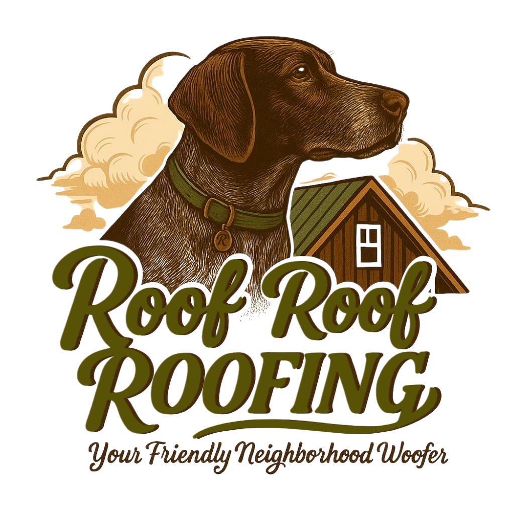 Logo for Roof Roof Roofing featuring a brown dog with a green collar, a house with a green roof, and the text 'Roof Roof Roofing' and 'Your Friendly Neighborhood Woof'.