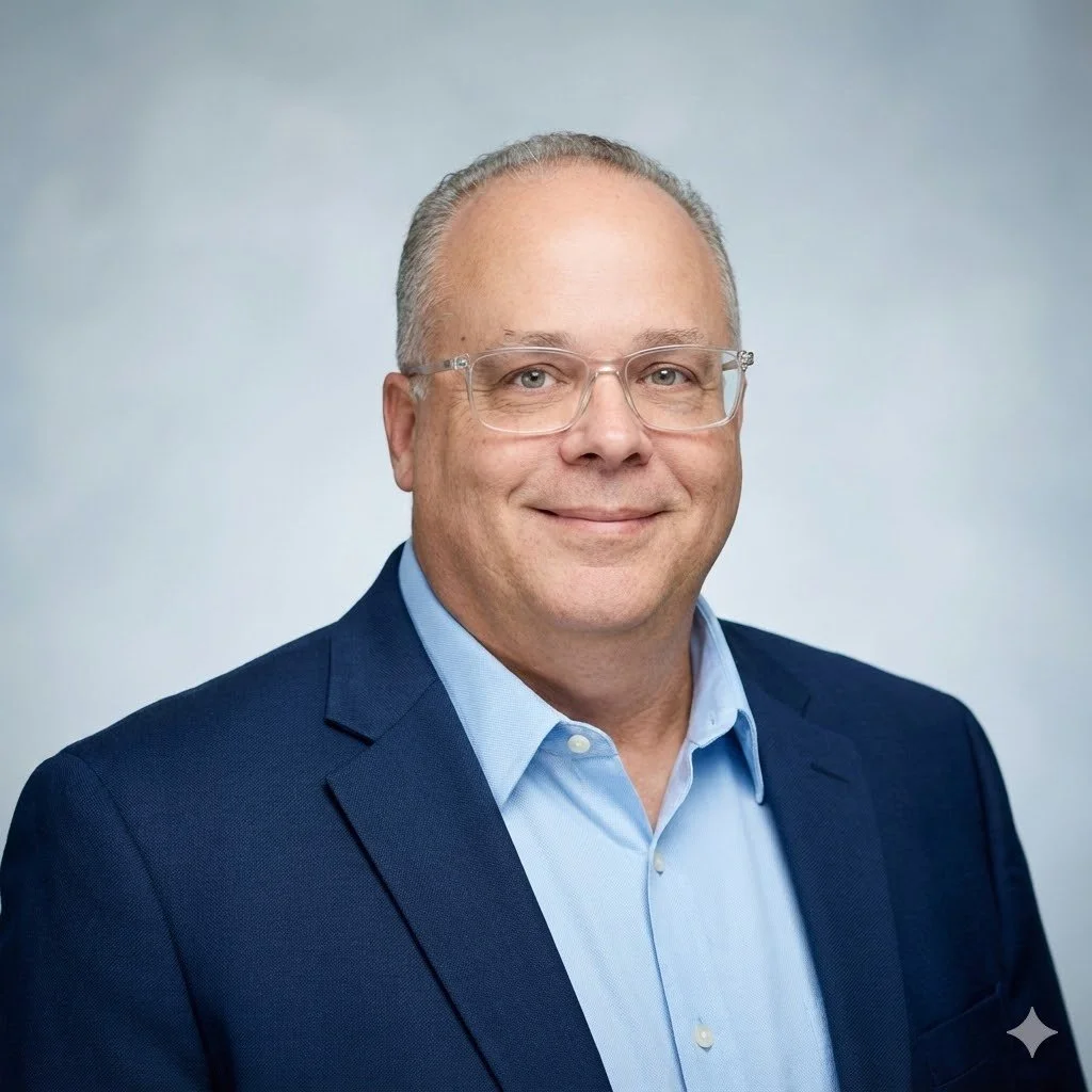 Headshot of a middle-aged man with short gray hair, wearing glasses, a blue suit, and a light blue shirt, smiling against a neutral gray background.