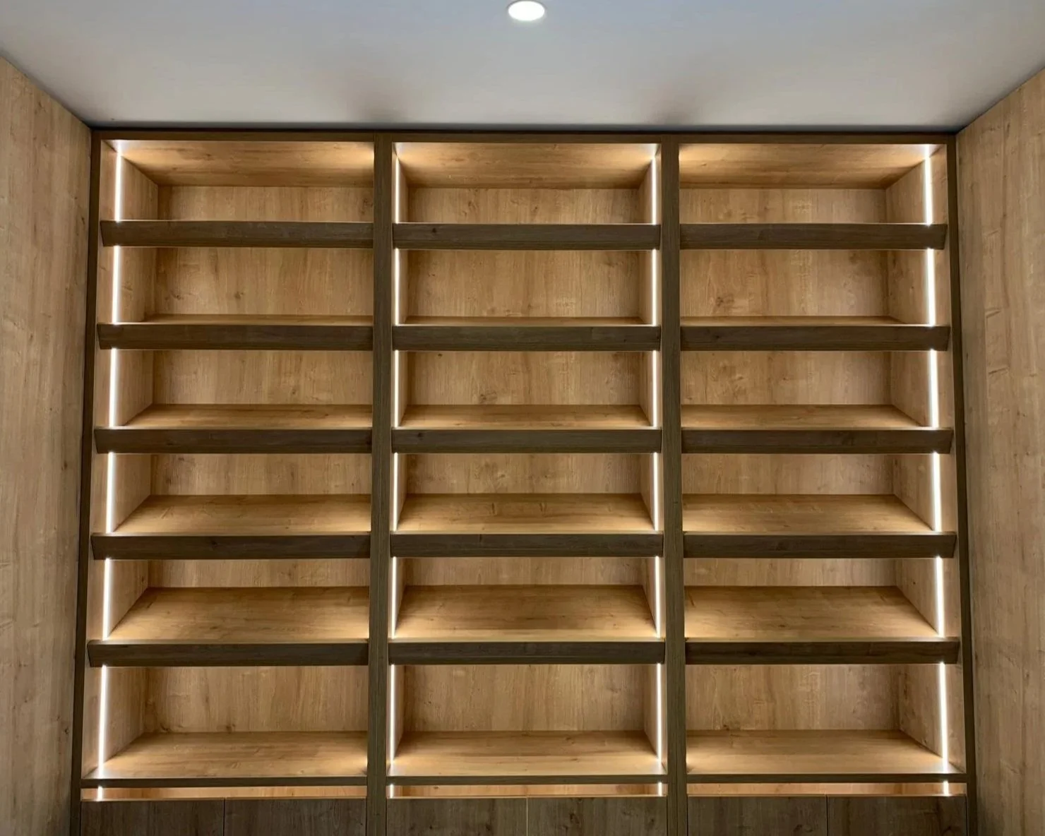Empty wooden bookshelf with built-in lighting in a room with wood-paneled walls and ceiling