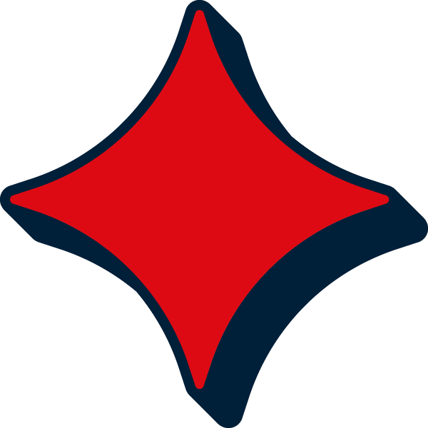 A red, four-pointed star shape with rounded edges, outlined in dark blue, on a black background.
