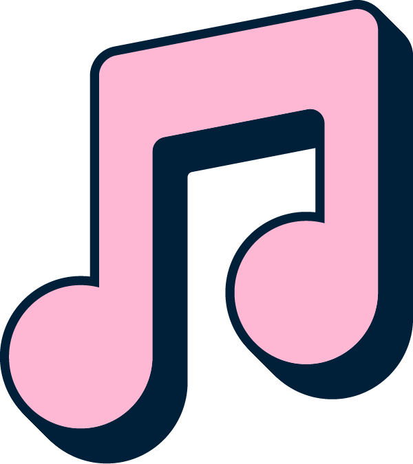 Illustration of a pink musical note with a black outline and shadow.