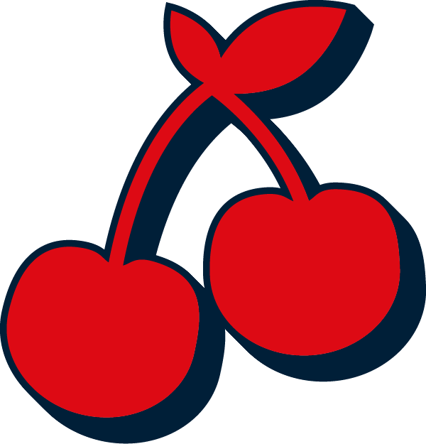 Illustration of two red cherries with a green leaf on top, outlined in dark blue.