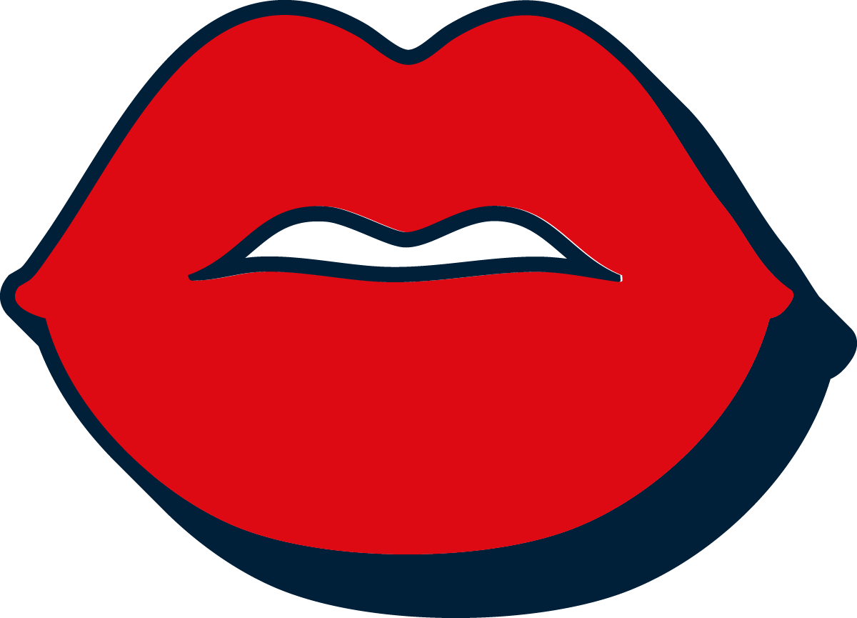 Graphic of red lips with black outline, slightly parted.
