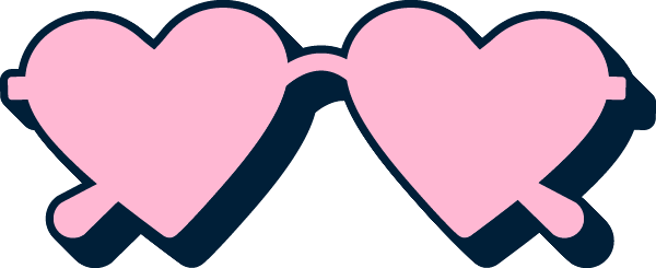Pink heart-shaped sunglasses with a dark blue frame and shadow.
