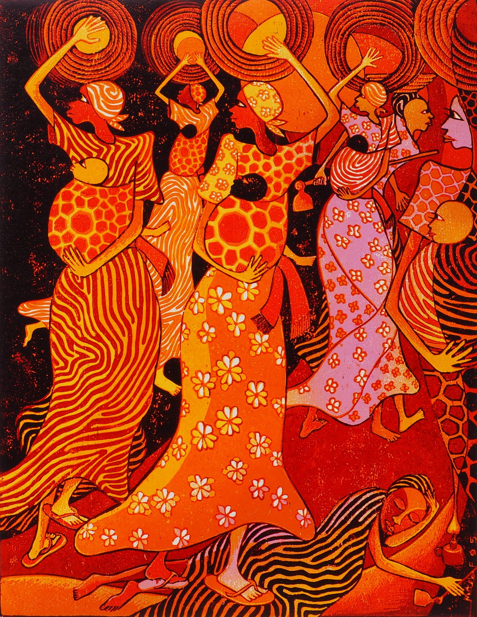 A vibrant, abstract painting of African women dancing, holding large pots on their heads, wearing colorful dresses with geometric and floral patterns, with a woman lying on the ground in the foreground.