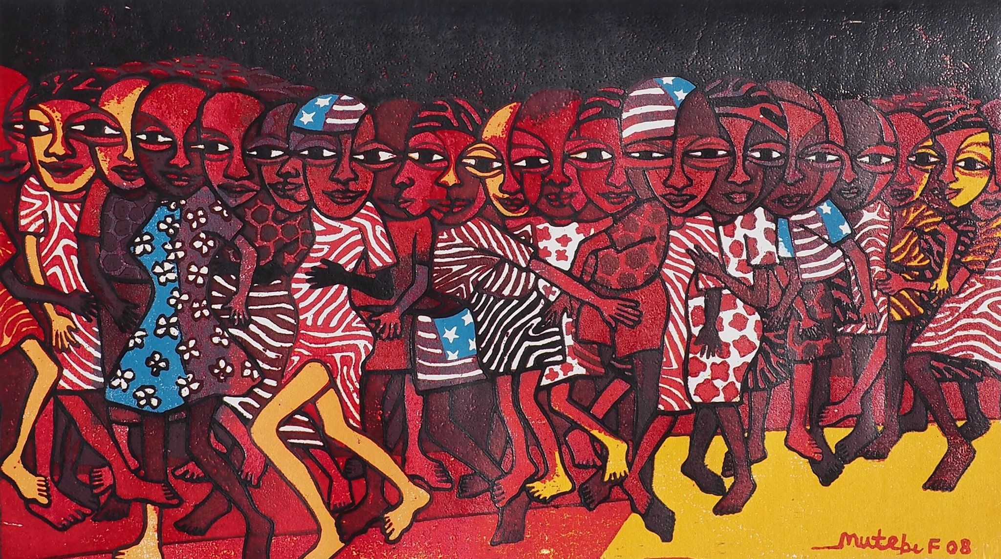 A colorful mural depicting a diverse group of women standing together, dressed in patterned clothing with various colors and designs, set against a dark background. The style is expressive and bold.