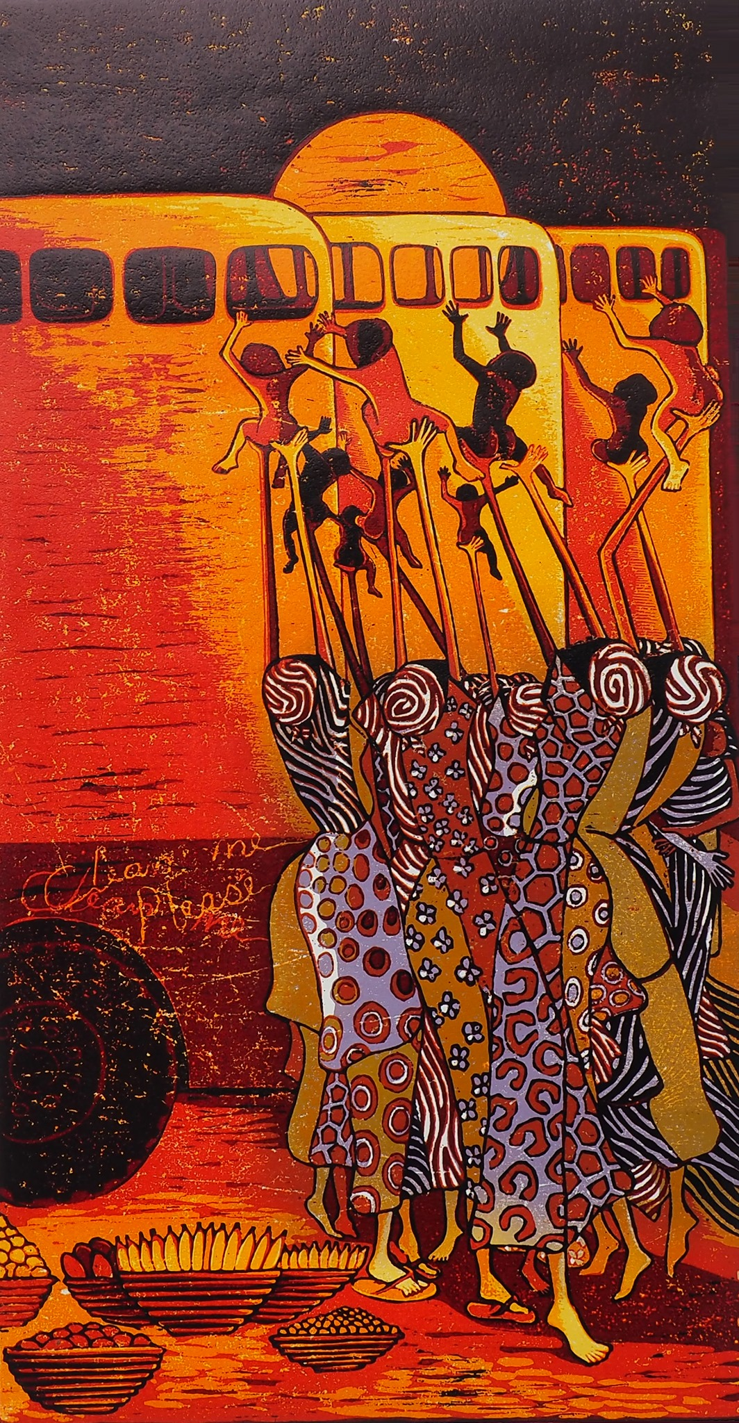 A colorful painting depicting women with patterned dresses and head wraps, standing with their heads turned, underneath a background of a sunset and a bus with silhouetted children hanging onto the windows.
