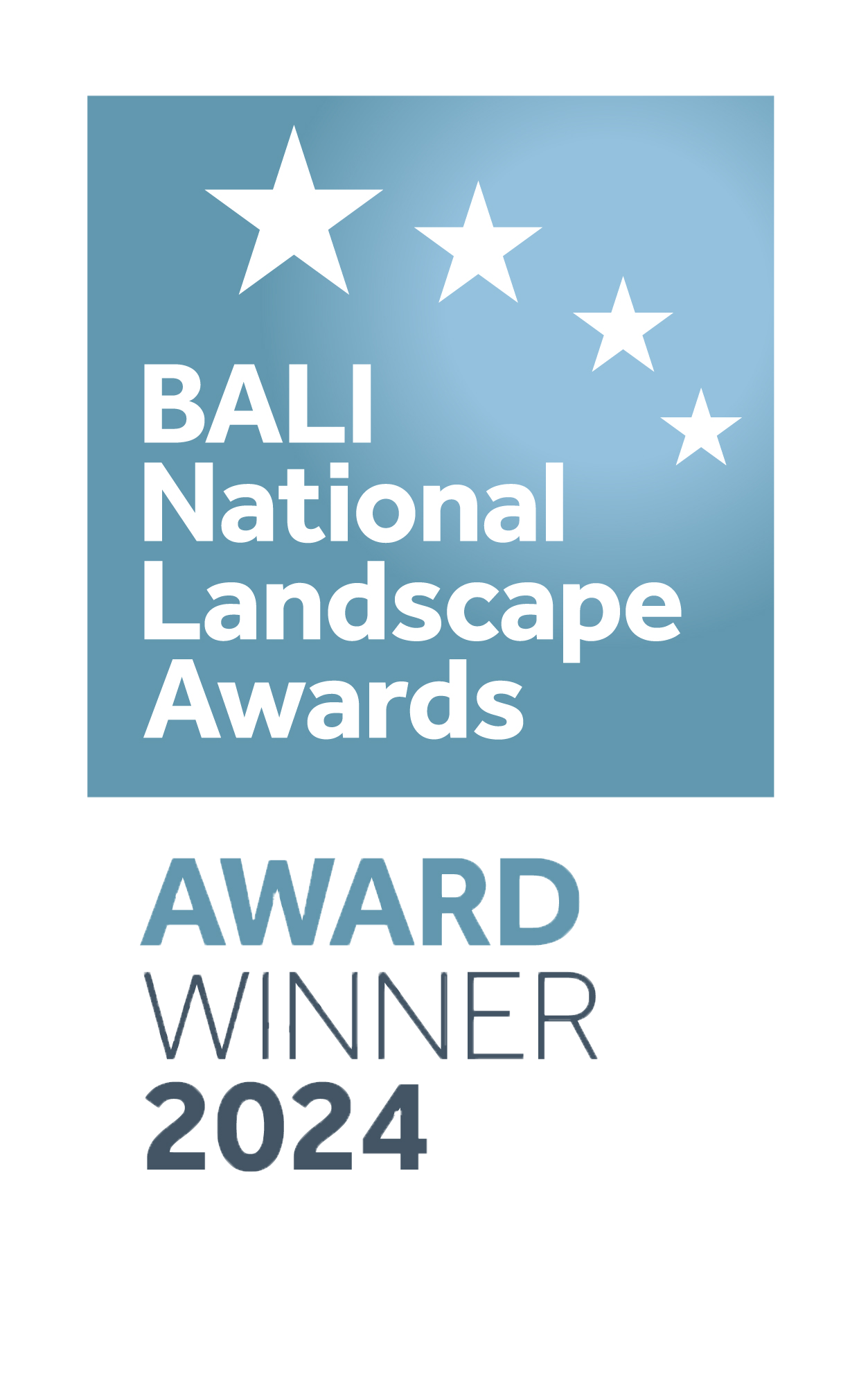A digital graphic design celebrating the Bali National Landscape Awards, with a blue background, white stars, and text indicating the 2024 award winner.