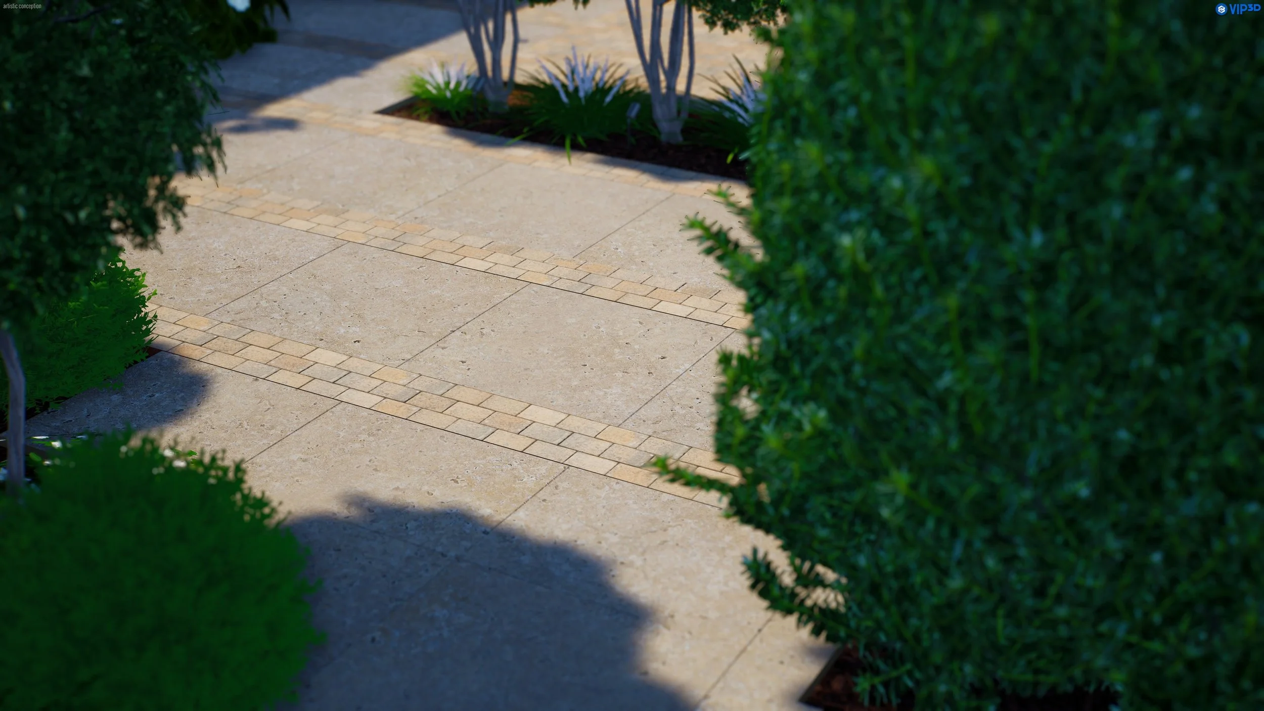 A paved walkway with beige stone tiles and decorative brick borders, flanked by green bushes and plants, with shadows cast on the ground.