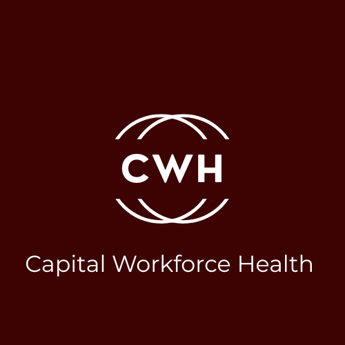 Logo for Capital Workforce Health with the initials CWH inside a circle, on a dark red background.