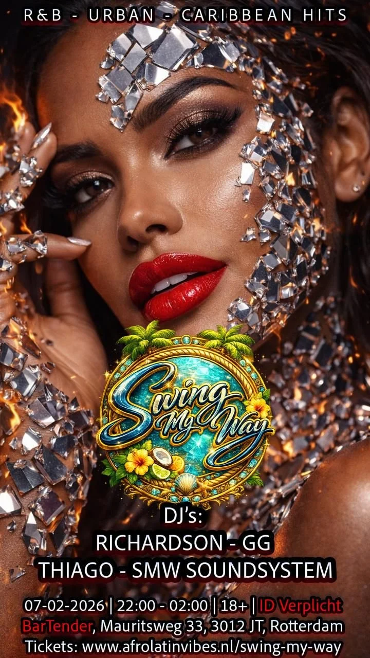 A woman with glamorous makeup and long, sparkly earrings surrounded by reflective crystals. She has bold red lipstick and is holding her hand near her face. The image promotes a music event called "Swing My Way" with details about DJs, date, time, and location.