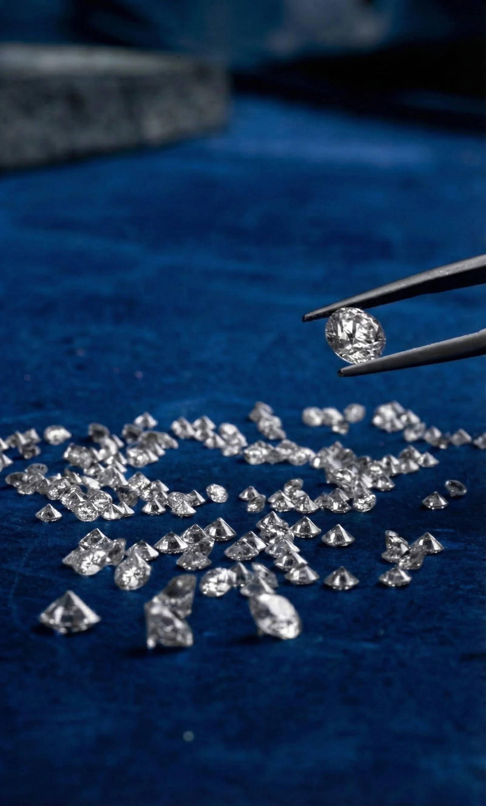 A close-up of a diamond being held by tweezers, surrounded by numerous other small diamonds on a blue velvet surface.