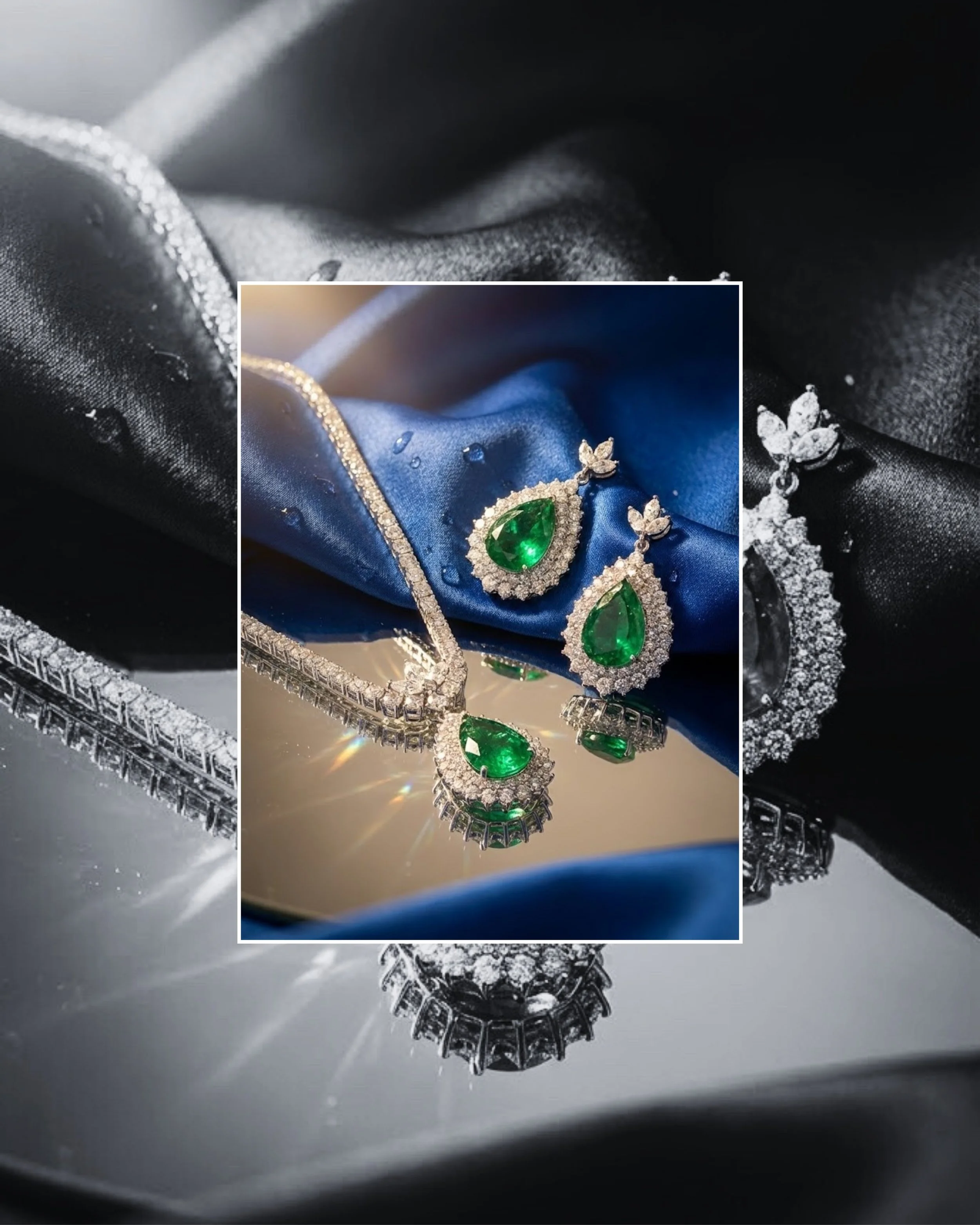Jewelry set with green gemstone pendants and matching earrings on a blue fabric with water droplets, reflected on a shiny surface.