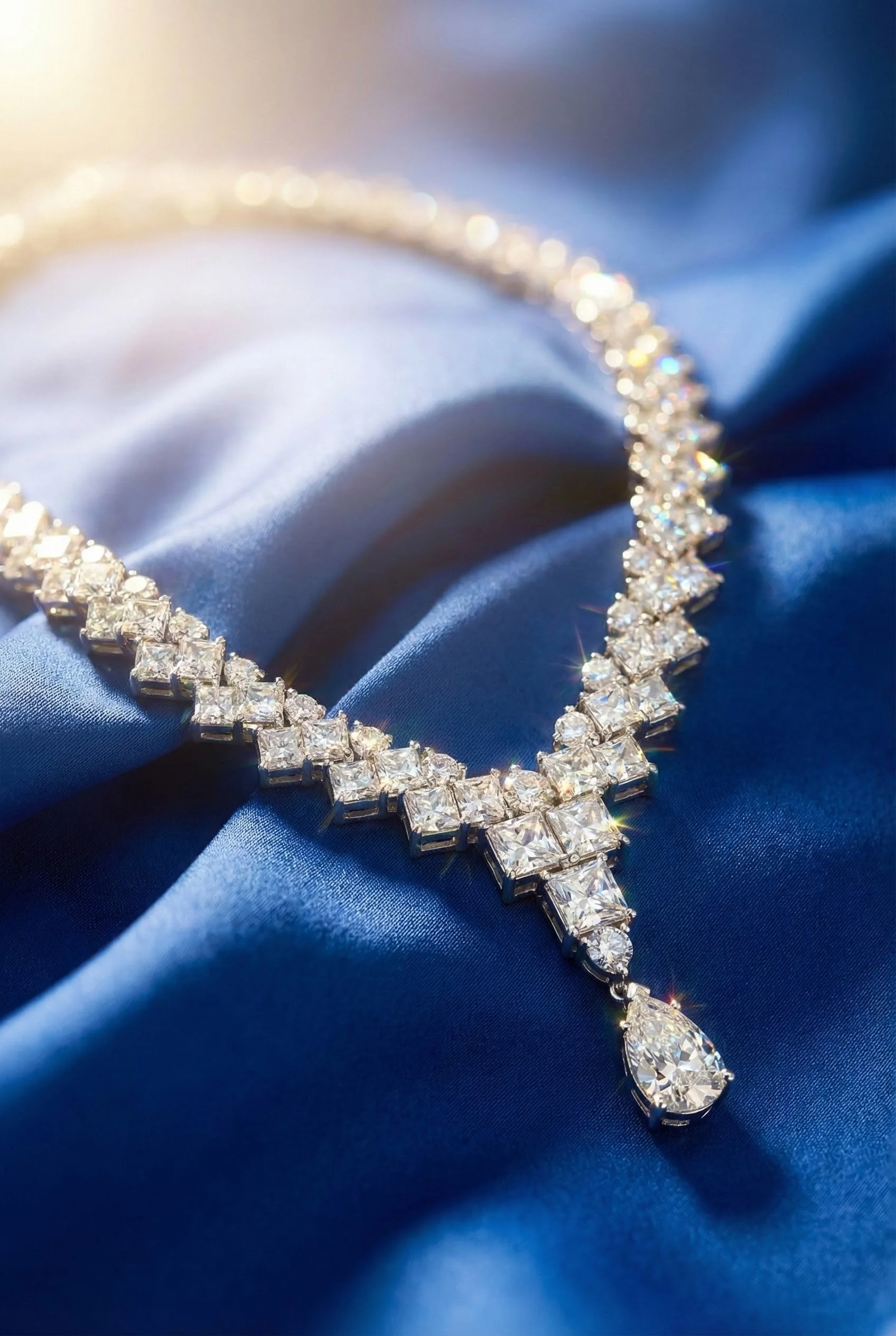A diamond necklace with square-shaped and teardrop-shaped diamonds resting on a blue satin fabric.