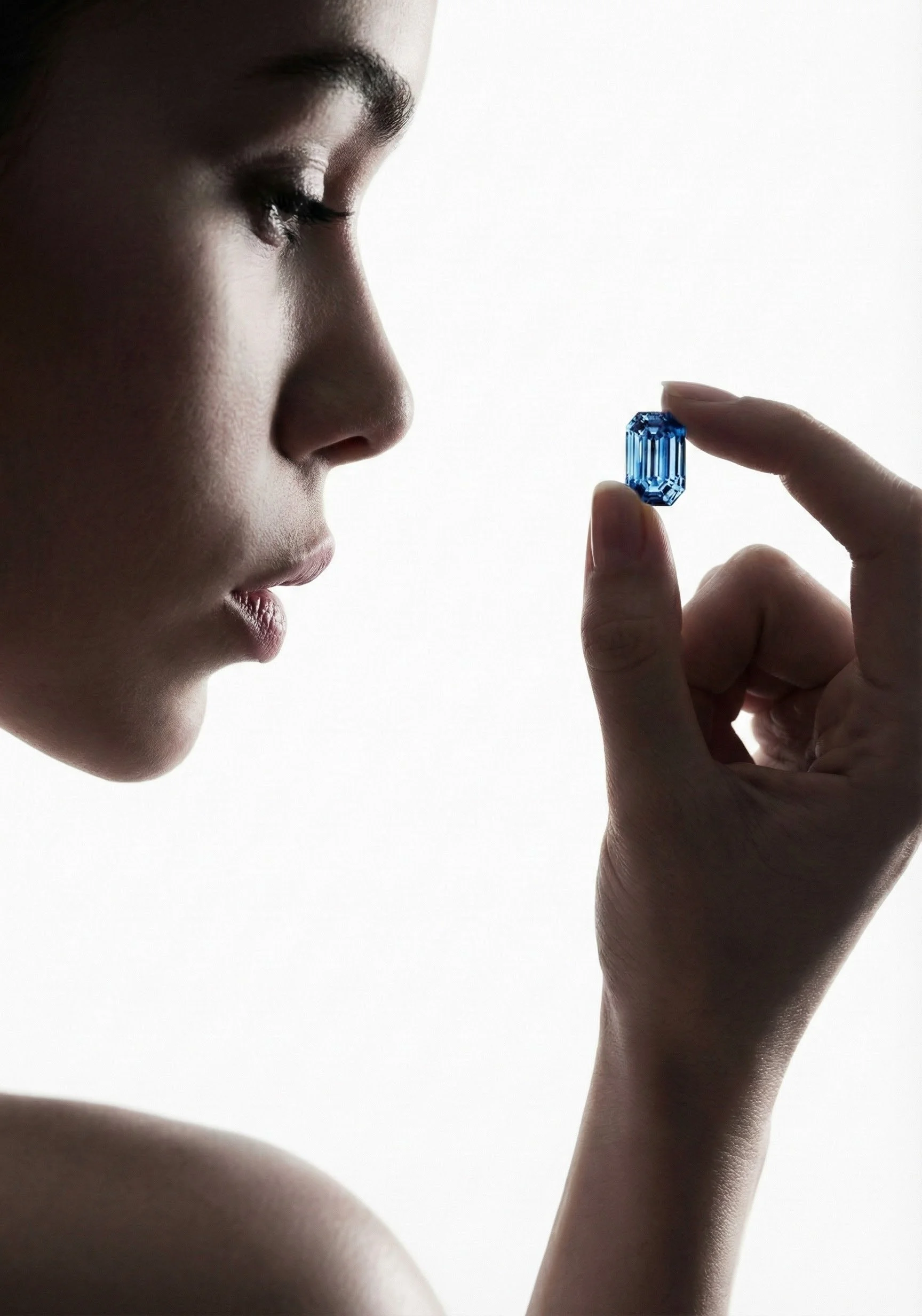 A woman with fair skin and dark hair looks at a large cut emerald-shaped blue gemstone she holds delicately between her thumb and index finger.