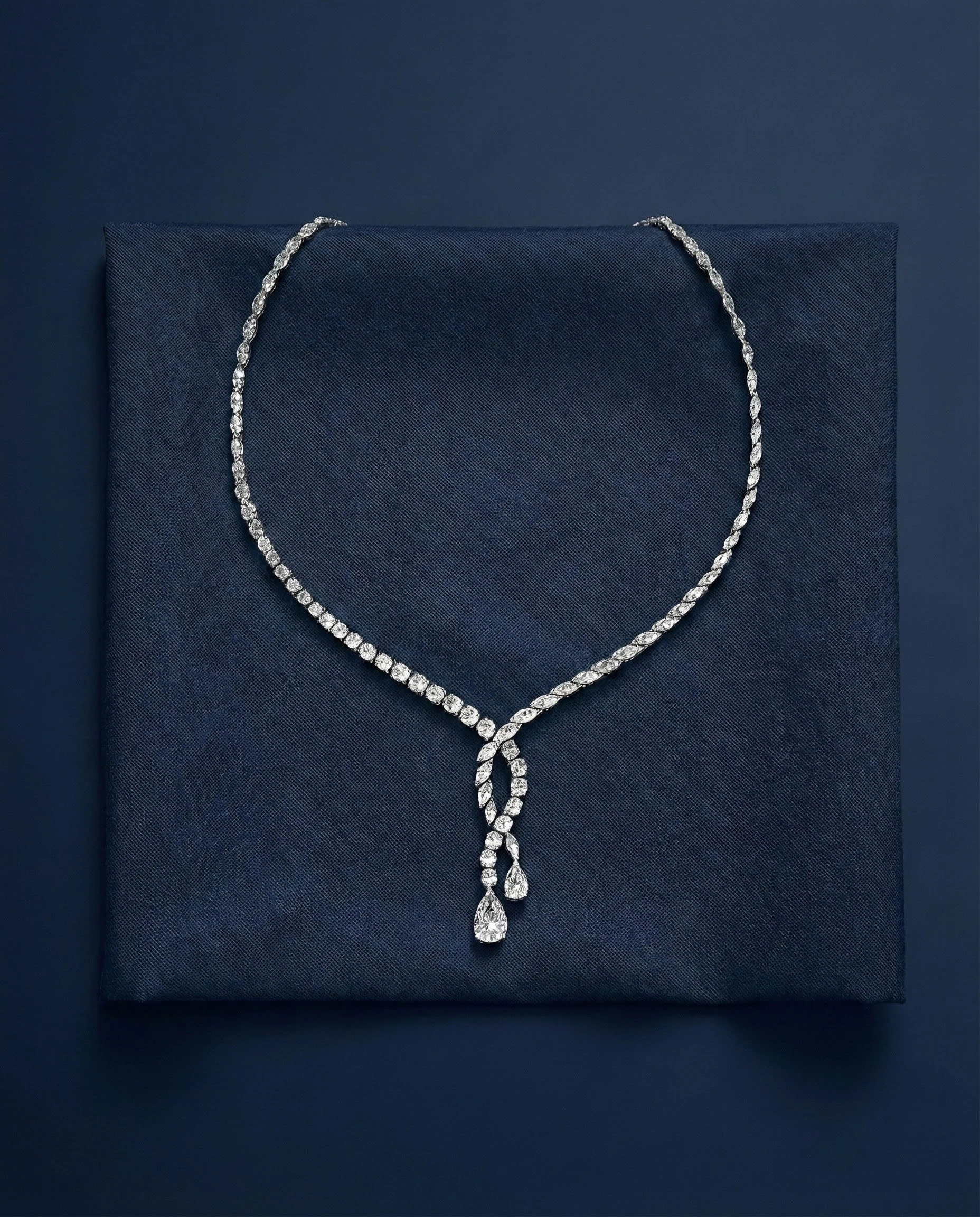Elegant diamond necklace with teardrop-shaped pendants displayed on dark fabric background.