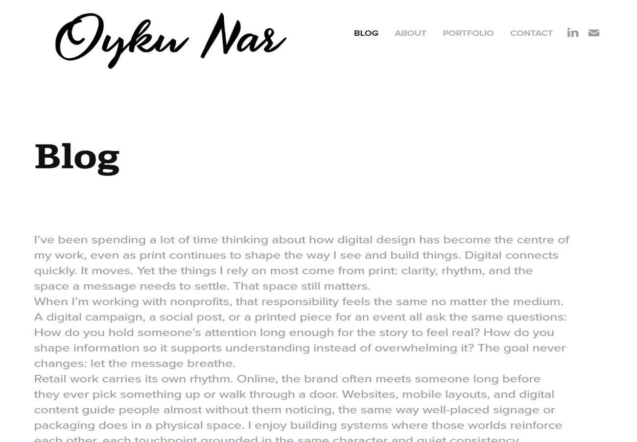 Screenshot of a personal blog webpage with the name 'Oyku Nas' and a navigation menu including blog, about, portfolio, and contact. The page features a large, bold heading labeled 'Blog' followed by paragraph text about digital design and print work.