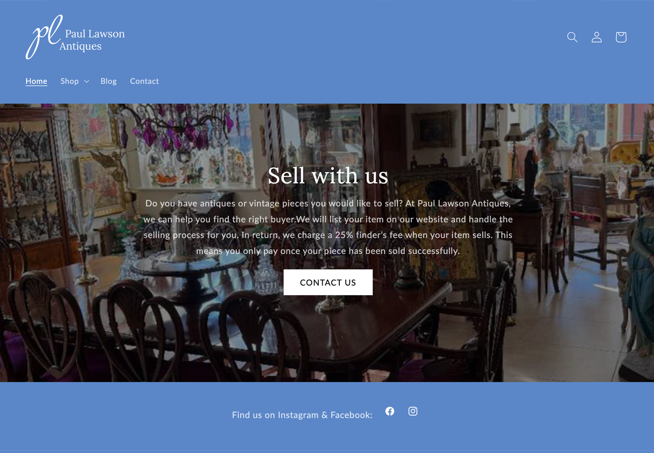 Screenshot of Paul Lawson Antiques website homepage, featuring an interior view of an antique store with vintage furniture, artwork, and decorative items, along with a navigation menu and contact button.