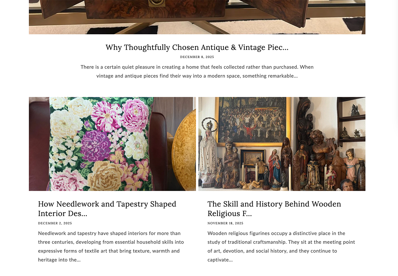 Screenshot of a webpage with articles about antique and vintage items, featuring images of a floral needlepoint pillow, a collection of religious figurines, and furniture.