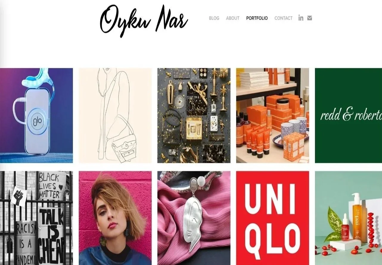 Screenshot of a personal portfolio website with the name 'Oyun Nas' at the top, displaying a grid of images including jewelry, fashion, protest signs, a woman with short hair, skincare products, and a logo reading 'UNIQLO'.