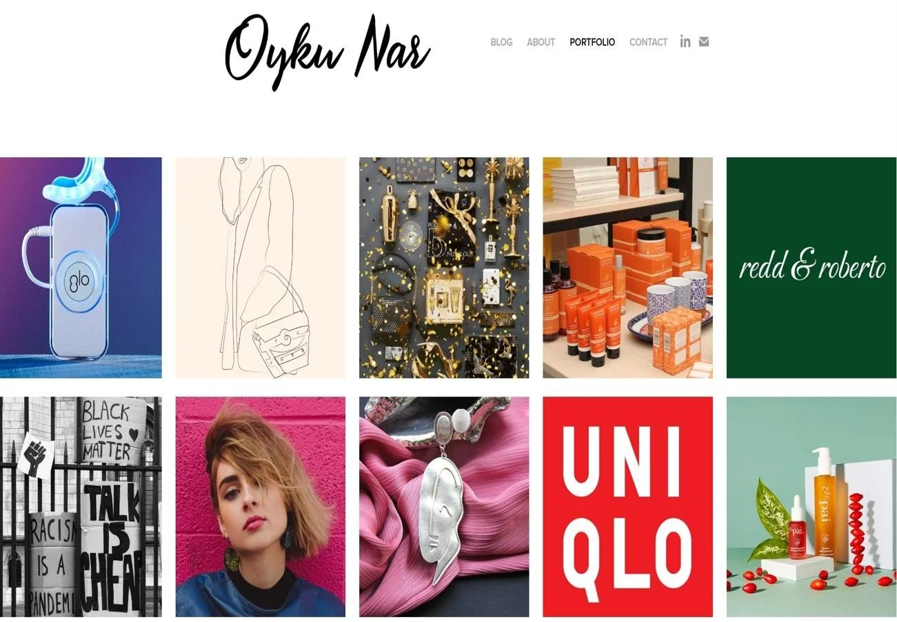 A web portfolio page with a grid of images, including product displays, artwork, a woman with short hair, and various designs and text.