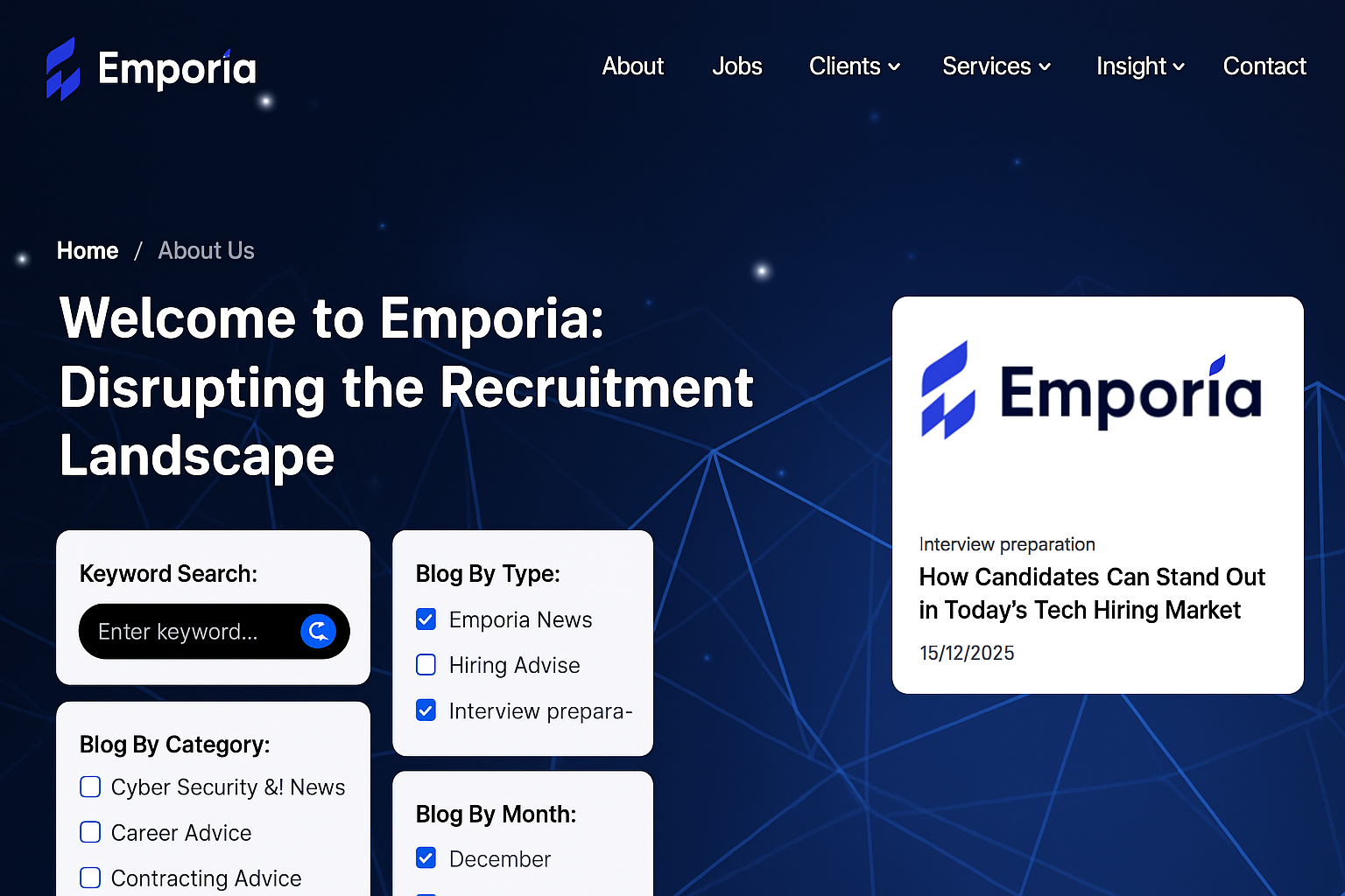 Screenshot of the homepage of Emporia website with a dark blue background, white text, and navigation menu. Features include sections for About Us, Jobs, Clients, Services, Insight, and Contact. Prominent headline 'Welcome to Emporia: Disrupting the Recruitment Landscape,' with search and blog categories on the left, and an article titled 'How Candidates Can Stand Out in Today's Tech Hiring Market' on the right.