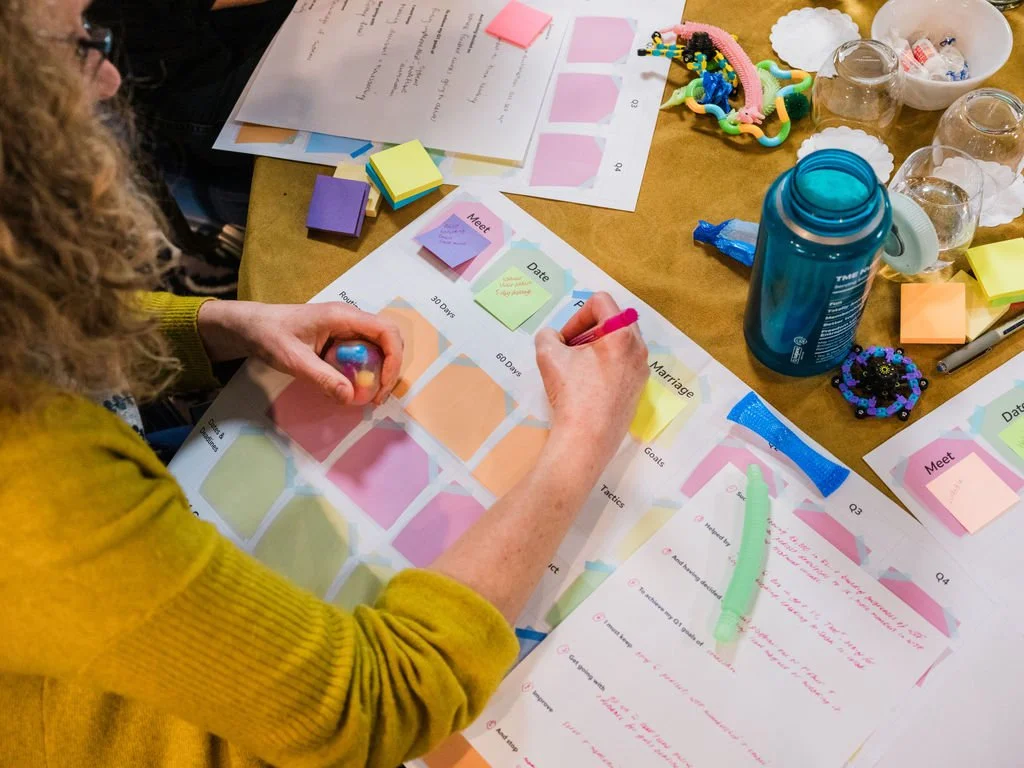 A person organizes colorful sticky notes and markers on a table filled with papers and craft supplies, working on a planning or brainstorming activity.