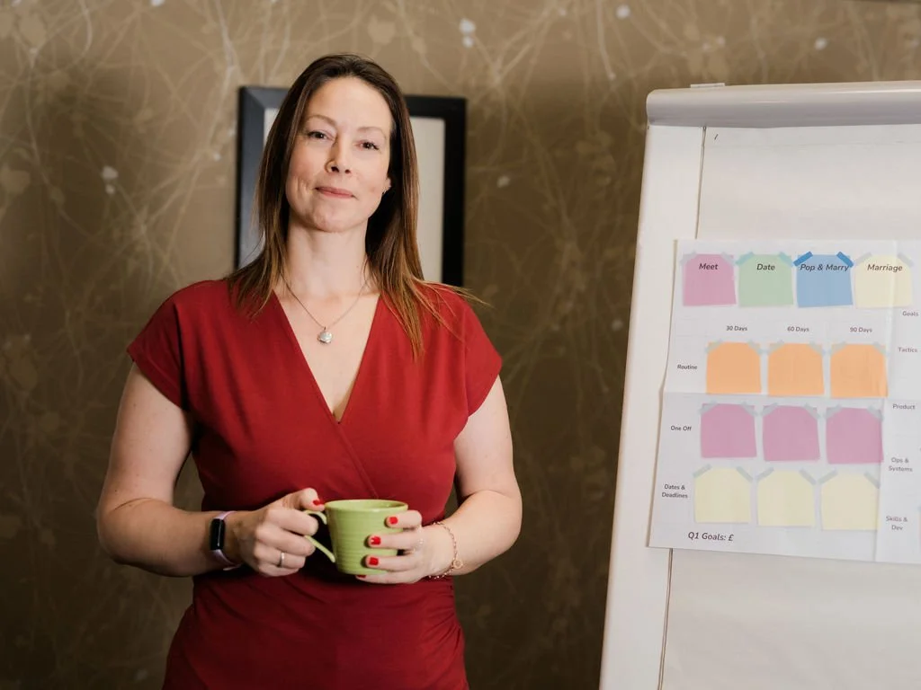 A woman with brown hair wearing a red dress holding a green mug in front of a whiteboard with colorful sticky notes.