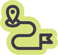 A stylized map with a route marked by a path leading to a location pin and ending with a flag.