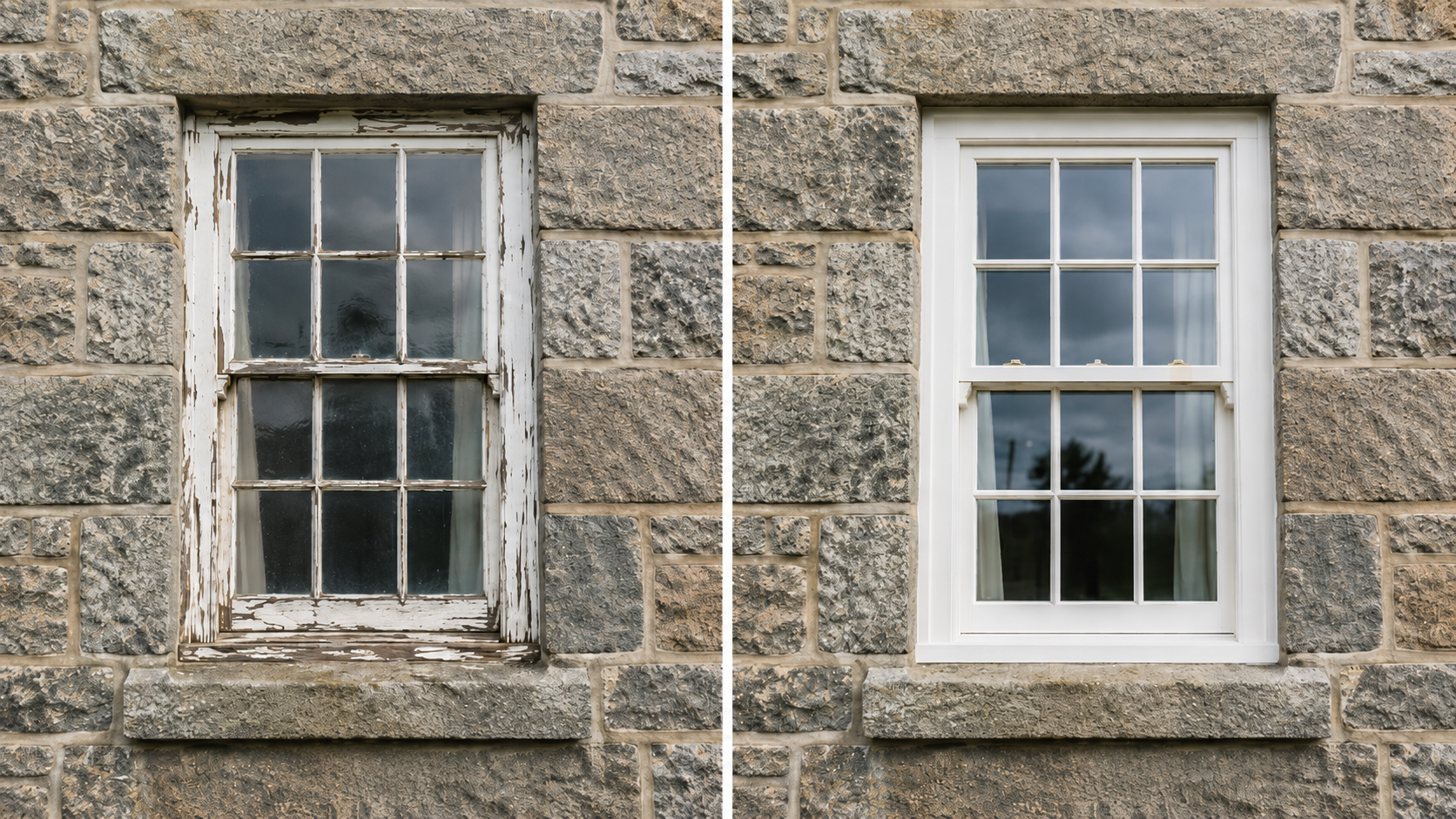 Timber sash windows before and after replacement.