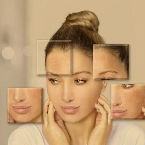 Kauniin naisen kasvot, jonka hiukset on sidottu ponnarille, ja hänen kasvojensa lähikuvia eri osista.