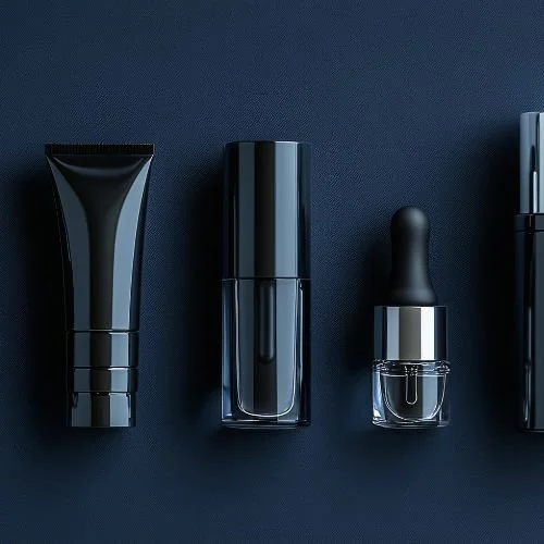 Kolme erilaisia kosmetiikkapakkauksia, mukaan lukien tummansininen hoitotuote, kompaktille muovisäiliölle, ja tipputuote, aseteltuna tummansiniselle taustalle.