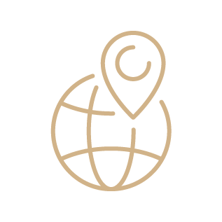 A simple line drawing of a globe with latitude and longitude lines, and a location pin marking a spot on the globe.