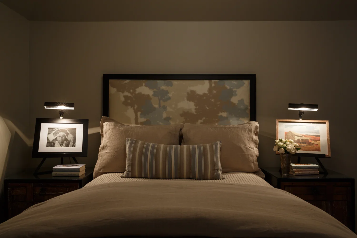 Moody Bedroom with Map Artwork and Symmetrical Lighting (Copy)