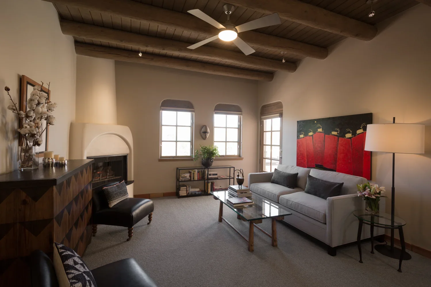 Contemporary Living Room with Exposed Wood Beams and Neutral Seating (Copy)
