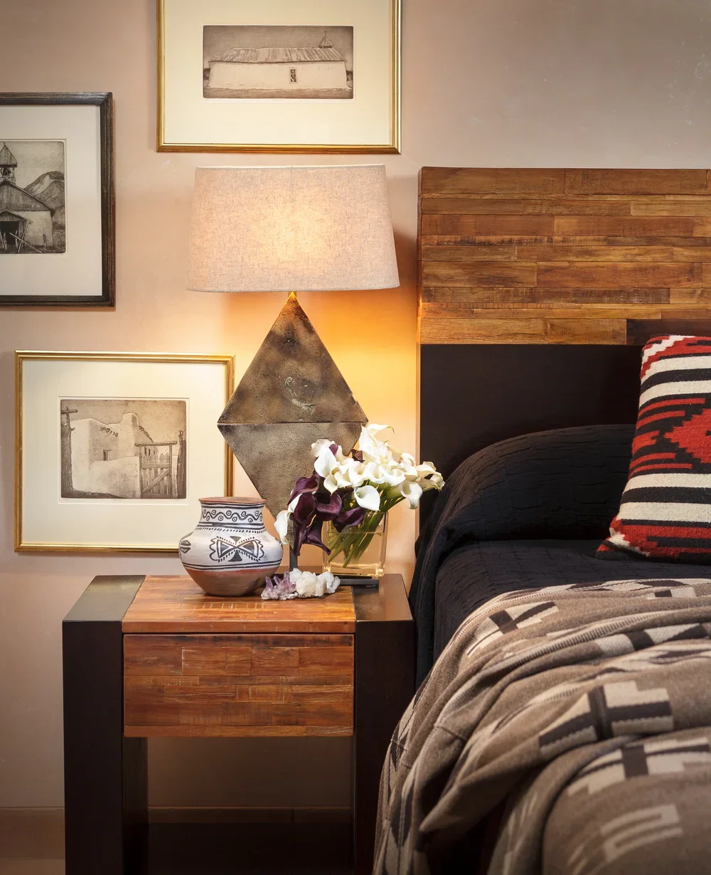 Southwestern Bedroom Nightstand with Rustic Wood Headboard
