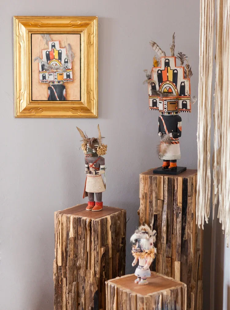 Rustic Pedestal Display with Southwestern Folk Art Sculptures