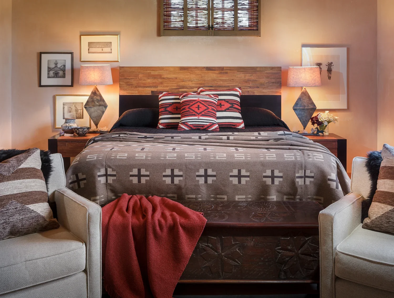 Southwestern Bedroom with Leather Bed and Native Textile Accents
