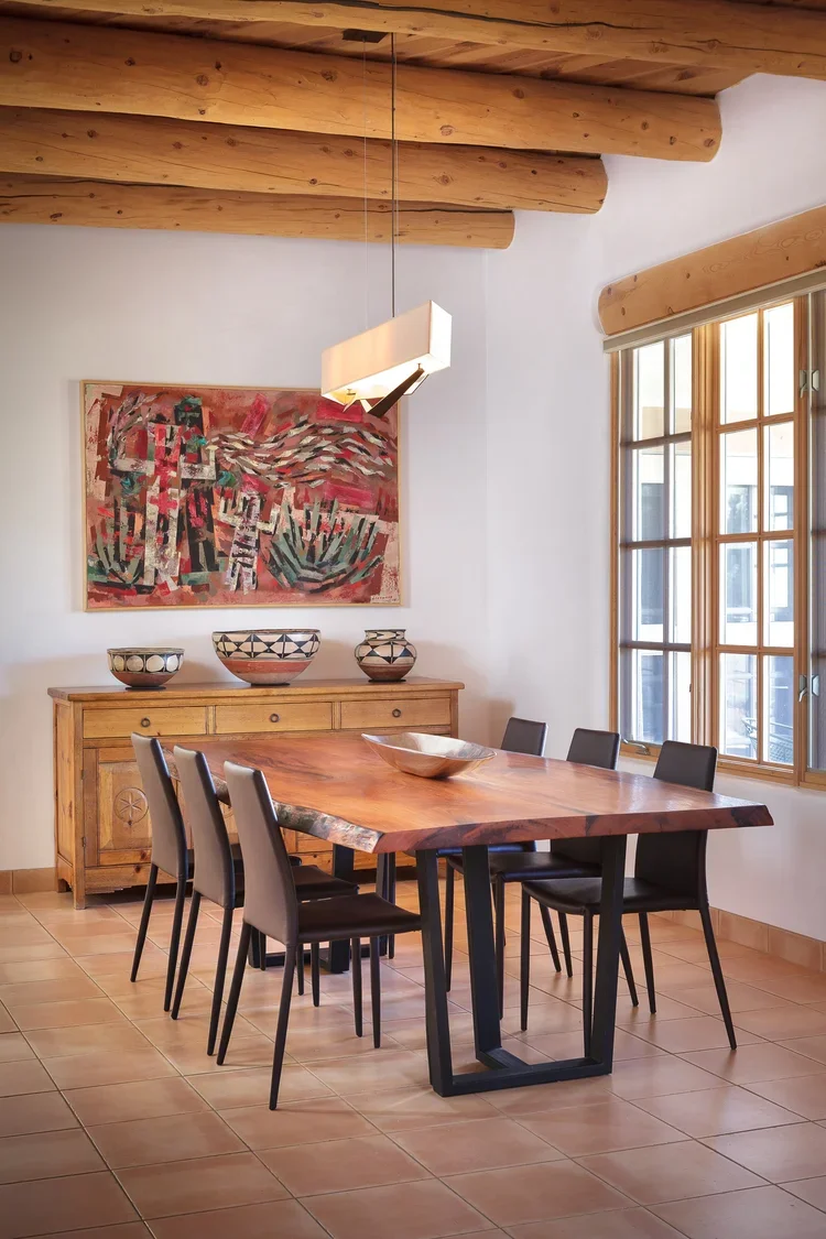 Rustic Dining Room with Wood Table and Southwestern Textile Art