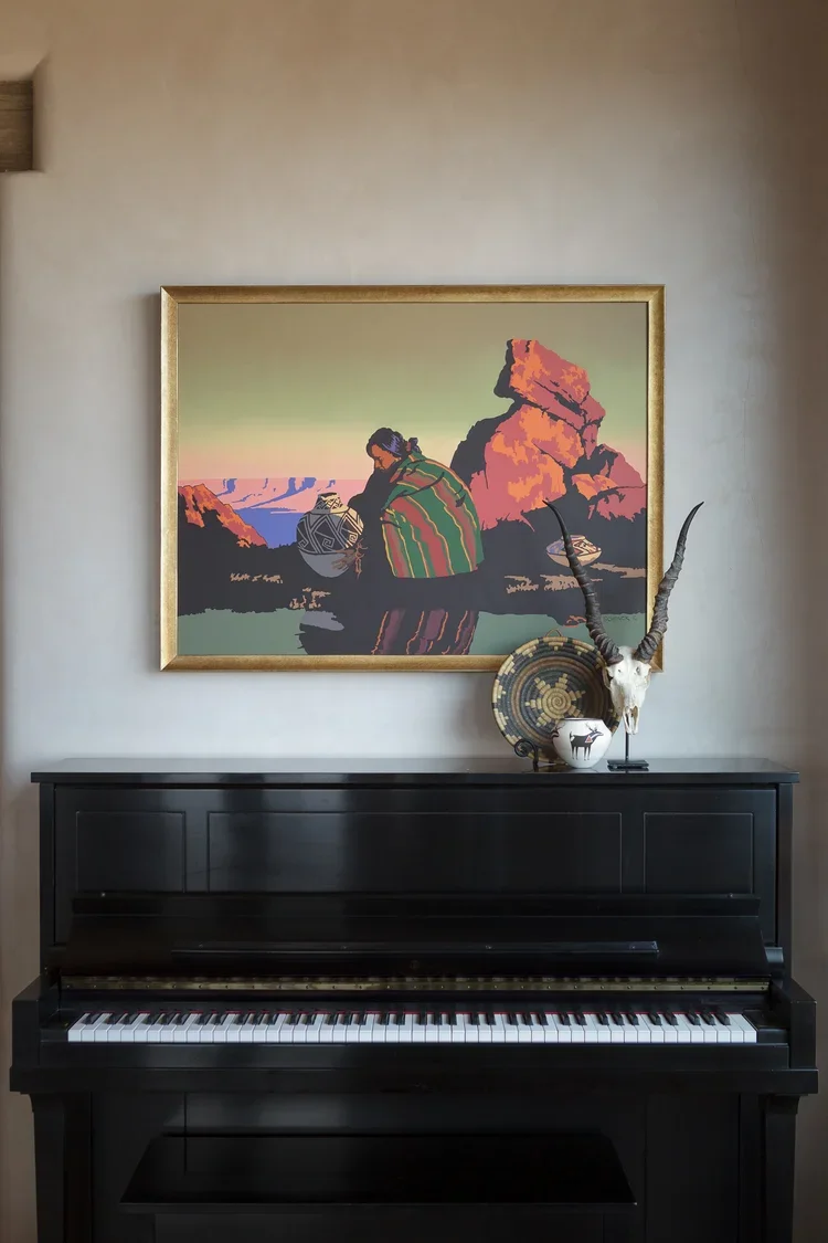 Upright Piano with Framed Landscape Artwork