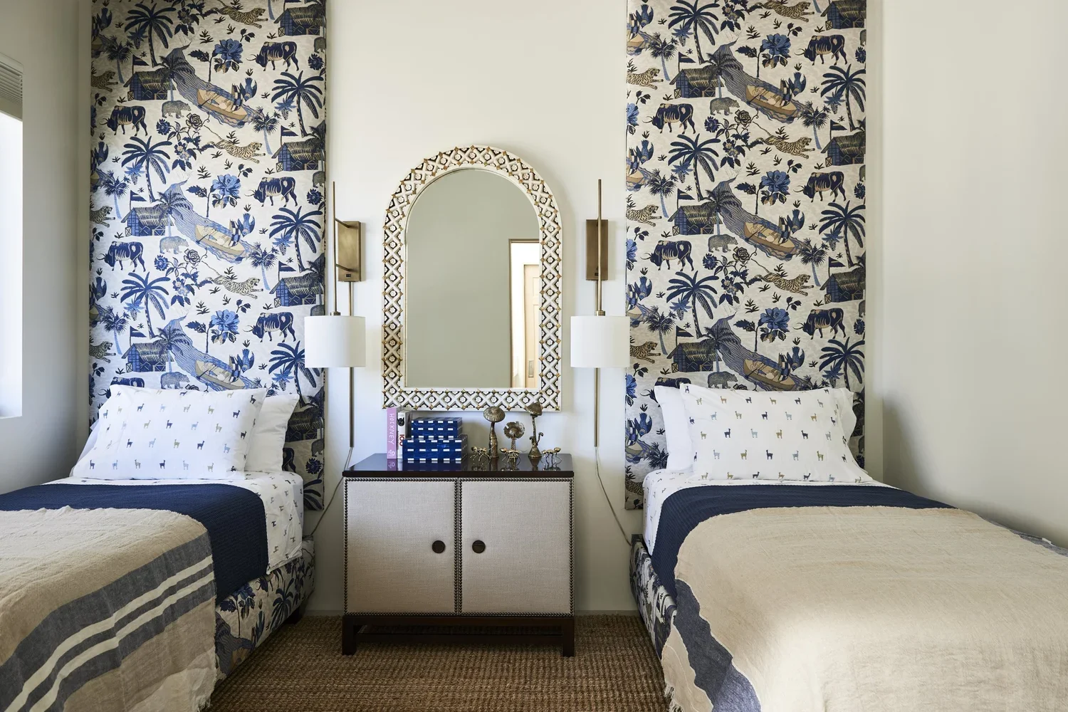Twin Bedroom with Floral Wallpaper and Center Vanity