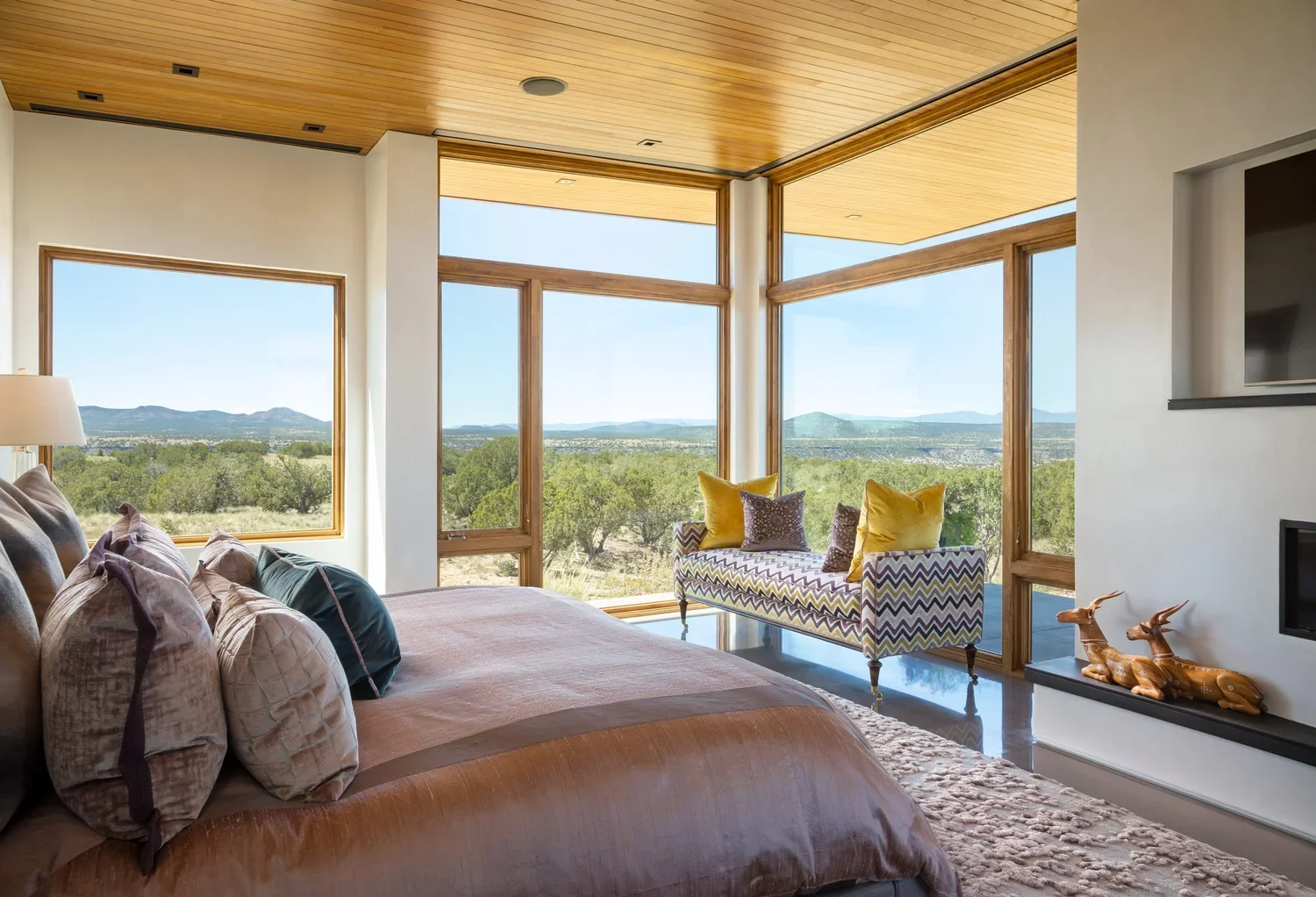 Bedroom with Panoramic Mountain Views and Wood Ceiling