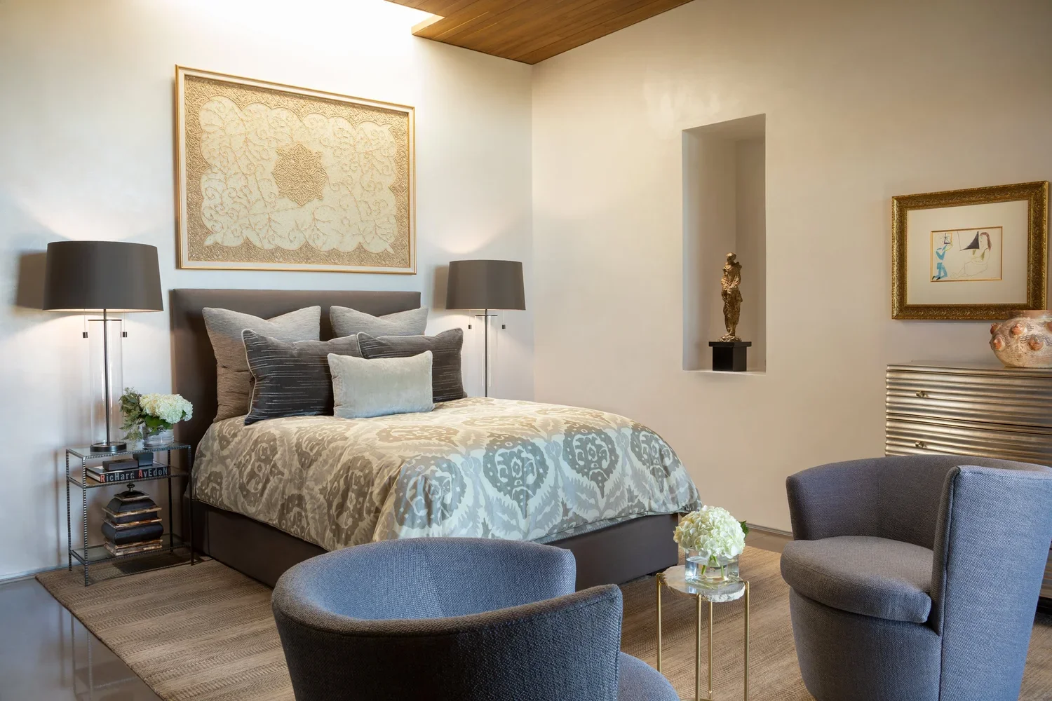 Serene Bedroom with Neutral Decor and Upholstered Bed