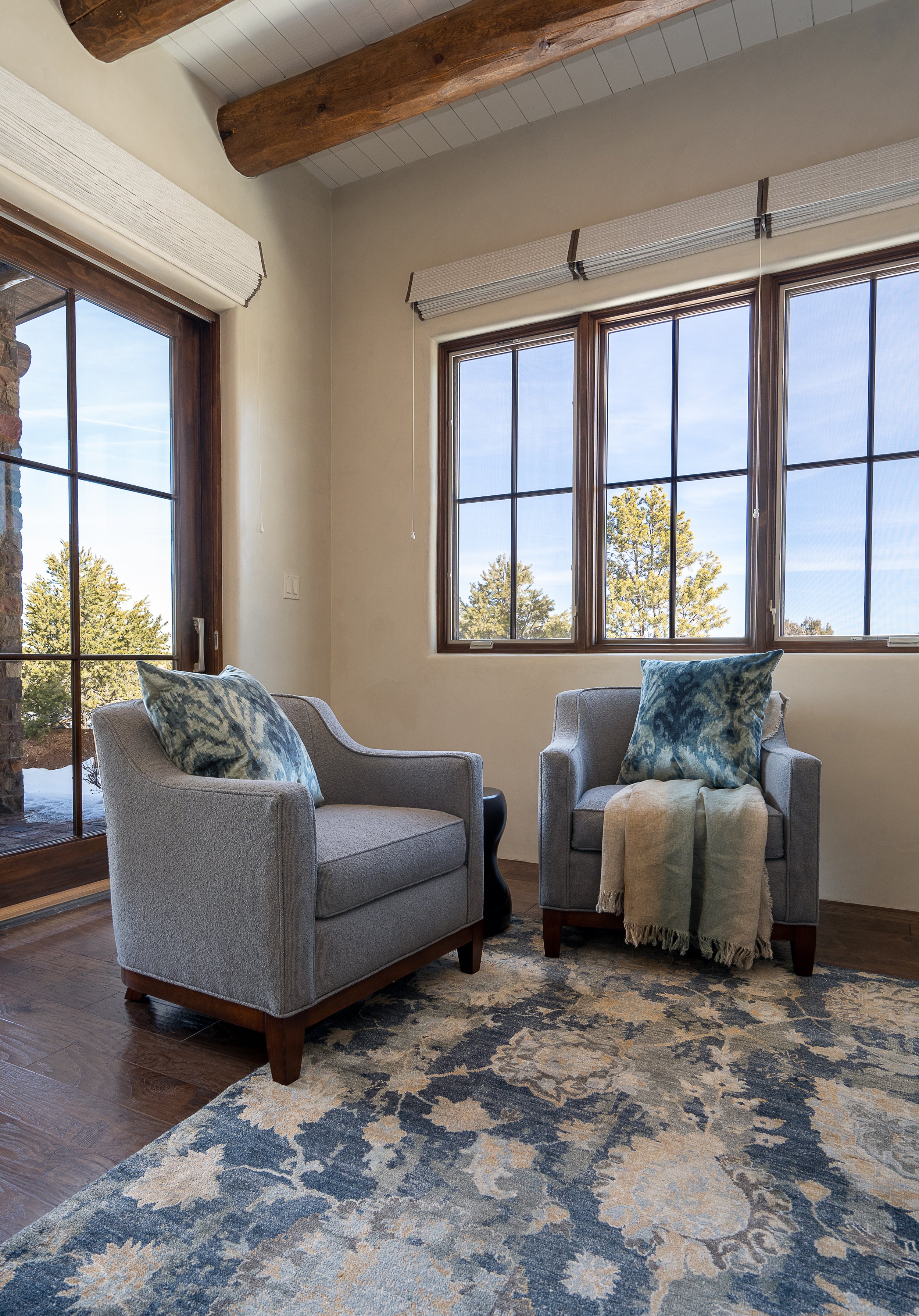 Sunlit Sitting Area with Armchairs and Blue Patterned Rug