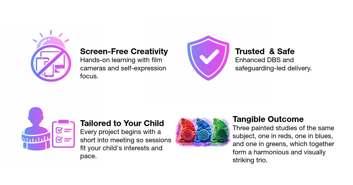 Four icons with accompanying text: a smartphone with a prohibition sign and the description "Screen-Free Creativity"; a shield with a checkmark and the description "Trusted & Safe"; a child's profile with a checklist and the description "Tailored to Your Child"; three colorful painted chameleons and the description "Tangible Outcome".